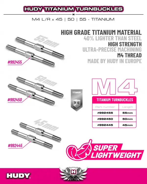Hudy Titanium Adjustable Turnbuckle 50mm M4 L/R (2) &mdash; image 3 of 3