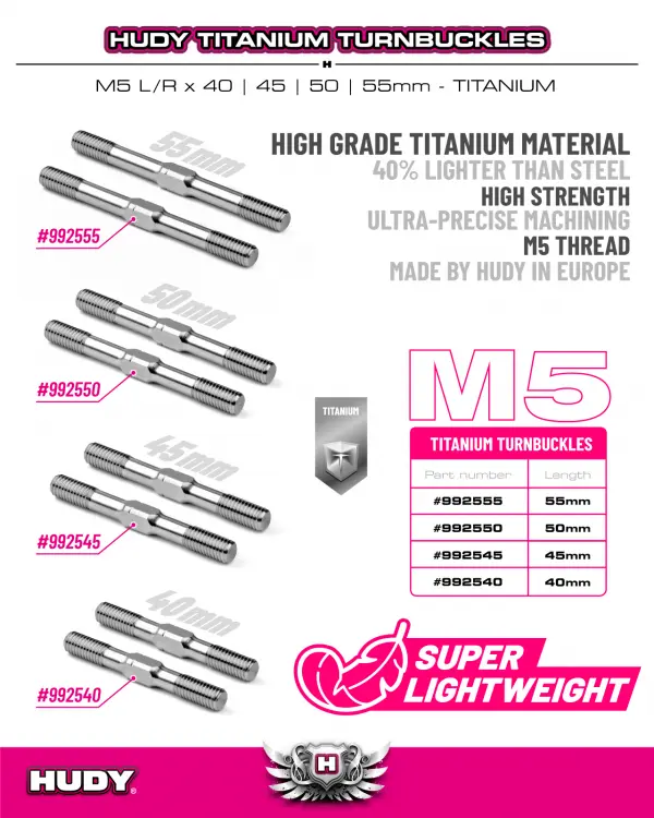 Hudy Titanium Adjustable Turnbuckle 50mm M5 L/R (2) &mdash; image 3 of 3
