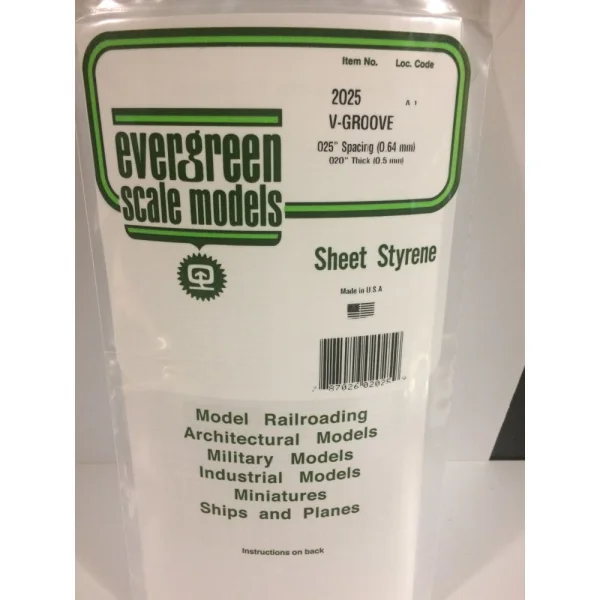 Evergreen 6x12in (15x30cm) V-Groove Siding Sheet .020in (0.50mm) Thick .025in Spacing (1 sheet per pack) ** CLEARANCE **
