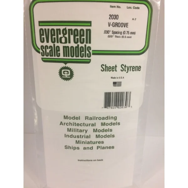 Evergreen 6x12in (15x30cm) V-Groove Siding Sheet .020in (0.50mm) Thick .030in Spacing (1 sheet per pack)