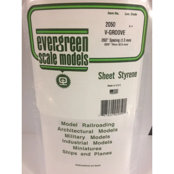 Evergreen 6x12in (15x30cm) V-Groove Siding Sheet .020in (0.50mm) Thick .050in Spacing (1 sheet per pack)