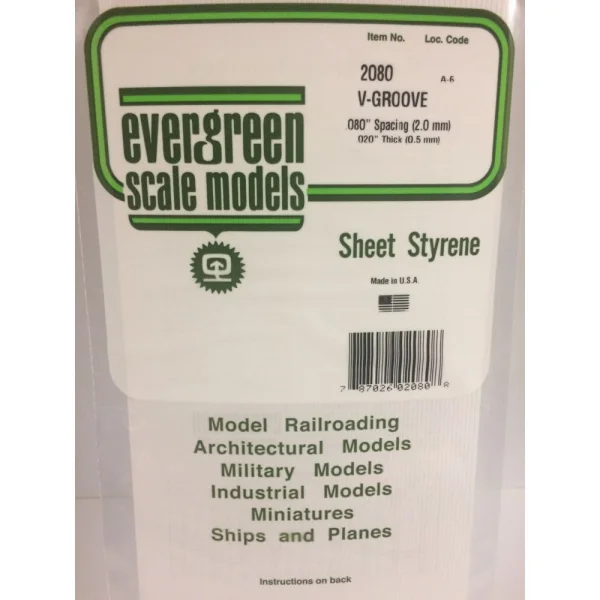 Evergreen 6x12in (15x30cm) V-Groove Siding Sheet .020in (0.50mm) Thick .080in Spacing (1 sheet per pack)