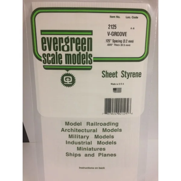 Evergreen 6x12in (15x30cm) V-Groove Siding Sheet .020in (0.50mm) Thick .125in Spacing (1 sheet per pack)