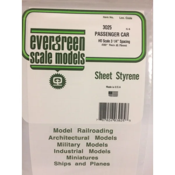 Evergreen [13025] 12 x 24 Passenger Car Siding .020 Thick (1 sheet per pack)
