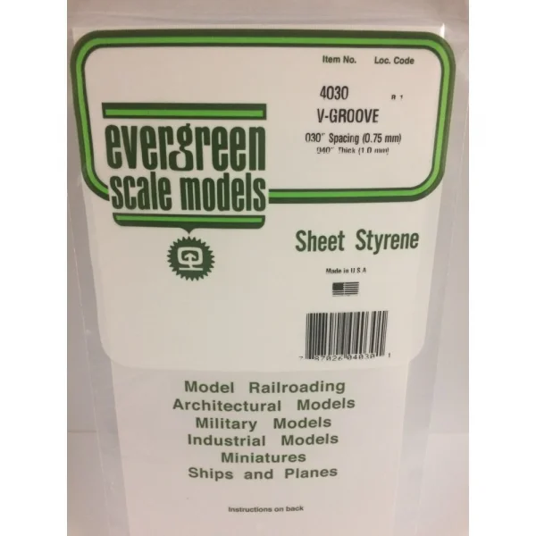Evergreen 6x12in (15x30cm) V-Groove Siding Sheet .040in (1.0mm) Thick .030in Spacing (1 sheet per pack)