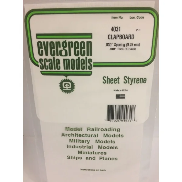 Evergreen 6x12in (15x30cm) Clapboard Siding Sheet .040in (1.0mm) Thick .030in Spacing (1 Sheet per pack)