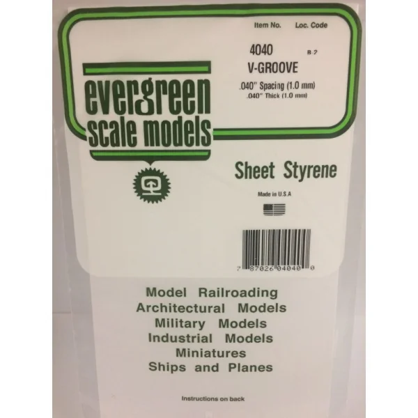 Evergreen 6x12in (15x30cm) V-Groove Siding Sheet .040in (1.0mm) Thick .040in Spacing (1 sheet per pack)