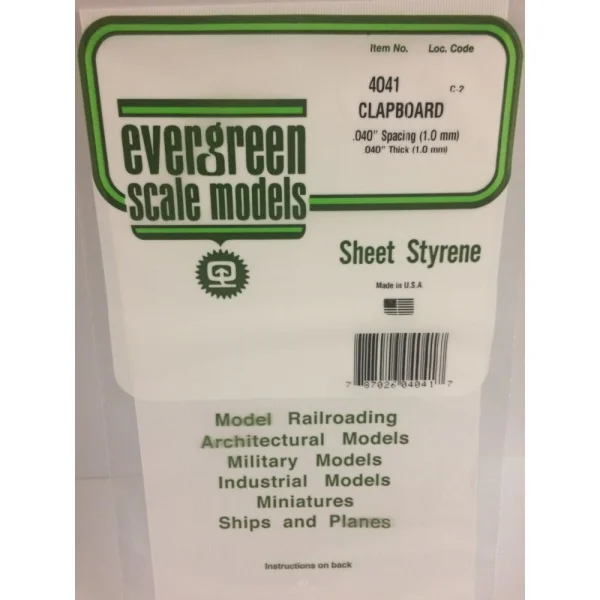 Evergreen 6x12in (15x30cm) Clapboard Siding Sheet .040in (1.0mm) Thick .040in Spacing (1 Sheet per pack)