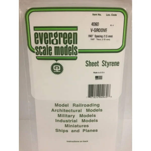 Evergreen 6x12in (15x30cm) V-Groove Siding Sheet .040in (1.0mm) Thick .060in Spacing (1 sheet per pack)