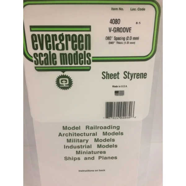 Evergreen 6x12in (15x30cm) V-Groove Siding Sheet .040in (1.0mm) Thick .080in Spacing (1 sheet per pack)