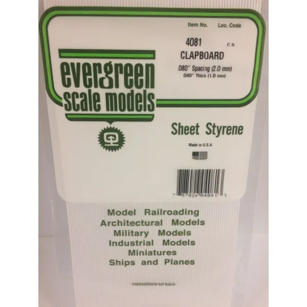 Evergreen 6x12in (15x30cm) Clapboard Siding Sheet .040in (1.0mm) Thick .080in Spacing (1 Sheet per pack)