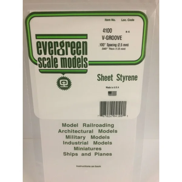 Evergreen 6x12in (15x30cm) V-Groove Siding Sheet .040in (1.0mm) Thick .100in Spacing (1 sheet per pack)