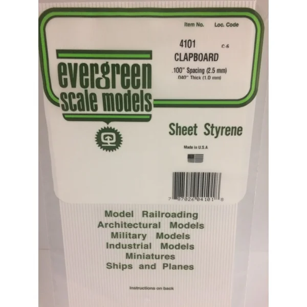 Evergreen 6x12in (15x30cm) Clapboard Siding Sheet .040in (1.0mm) Thick .100in Spacing (1 Sheet per pack)