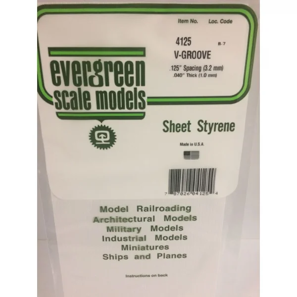Evergreen 6x12in (15x30cm) V-Groove Siding Sheet .040in (1.0mm) Thick .125in Spacing (1 sheet per pack)