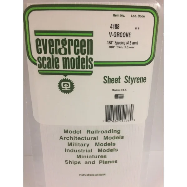 Evergreen 6x12in (15x30cm) V-Groove Siding Sheet .040in (1.0mm) Thick .188in Spacing (1 sheet per pack)