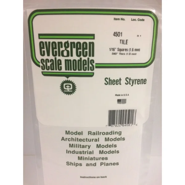 Evergreen 6x12in (15x30cm) Square Tile Sheet .040in (1.0mm) Thick 1:16x1:16in Spacing (1 Sheet per pack)