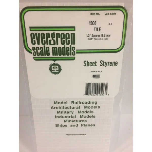 Evergreen 6x12in (15x30cm) Square Tile Sheet .040in (1.0mm) Thick 1/3x1/3in Spacing (1 Sheet per pack)