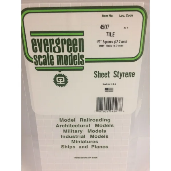 Evergreen 6x12in (15x30cm) Square Tile Sheet .040in (1.0mm) Thick 1/2x1/2in Spacing (1 Sheet per pack)