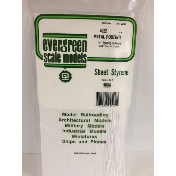 Evergreen 6x12in (15x30cm) Seam Roofing Sheet .040in (1.0mm) Thick 1/4in Groove Spacing (1 Sheet per pack)