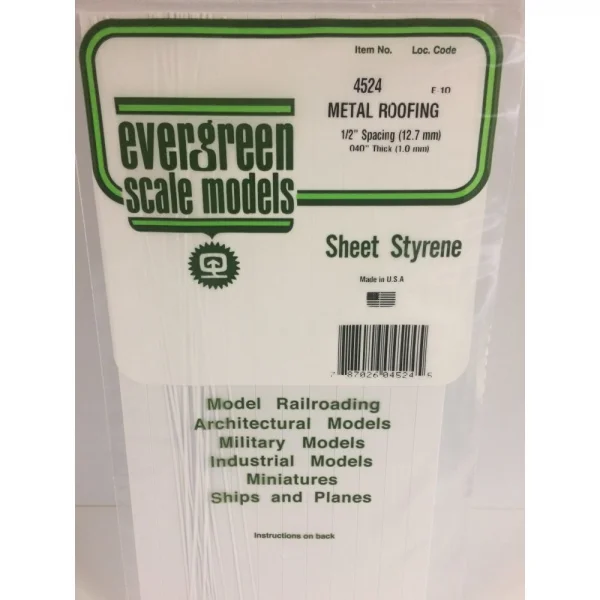 Evergreen 6x12in (15x30cm) Seam Roofing Sheet .040in (1.0mm) Thick 1/2in Groove Spacing (1 Sheet per pack)