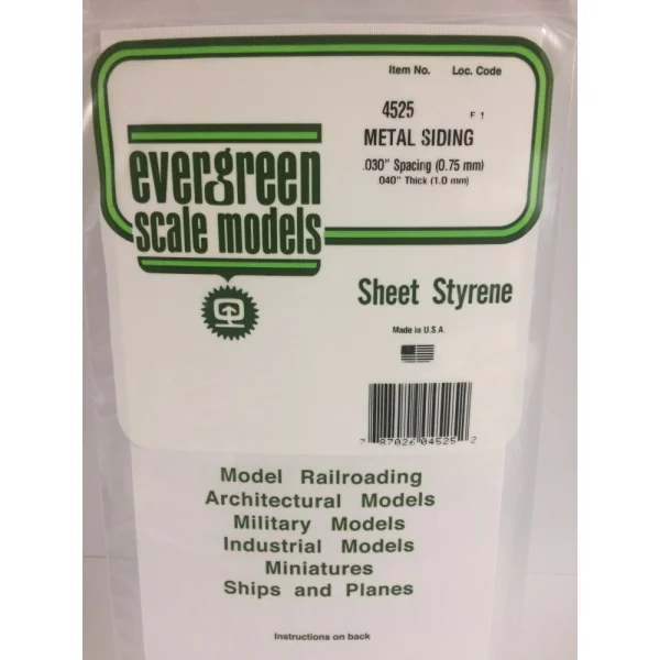 Evergreen 6x12in (15x30cm) Corrugated Metal Siding Sheet .040in (1.0mm) Sheet .030in Groove Spacing (1 sheet per pack)