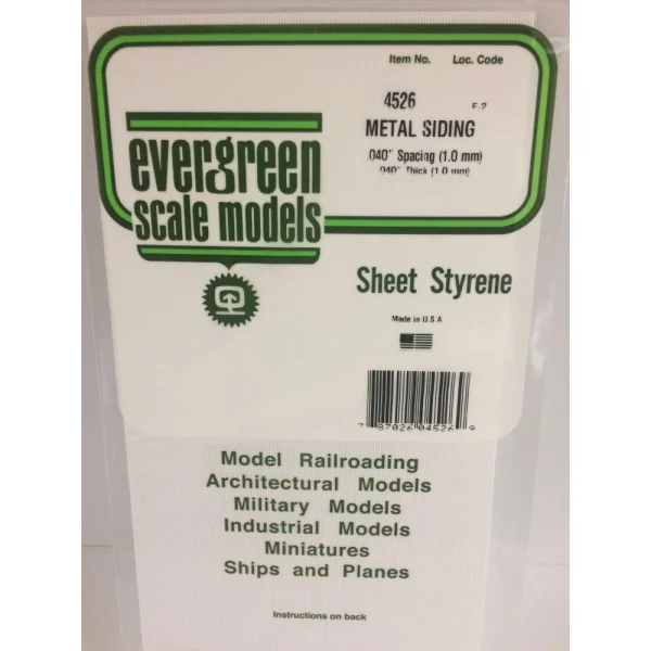 Evergreen 6x12in (15x30cm) Corrugated Metal Siding Sheet .040in (1.0mm) Sheet .040in Groove Spacing (1 sheet per pack)