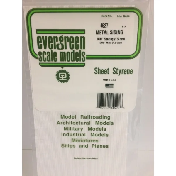 Evergreen 6x12in (15x30cm) Corrugated Metal Siding Sheet .040in (1.0mm) Sheet .060in Groove Spacing (1 sheet per pack)