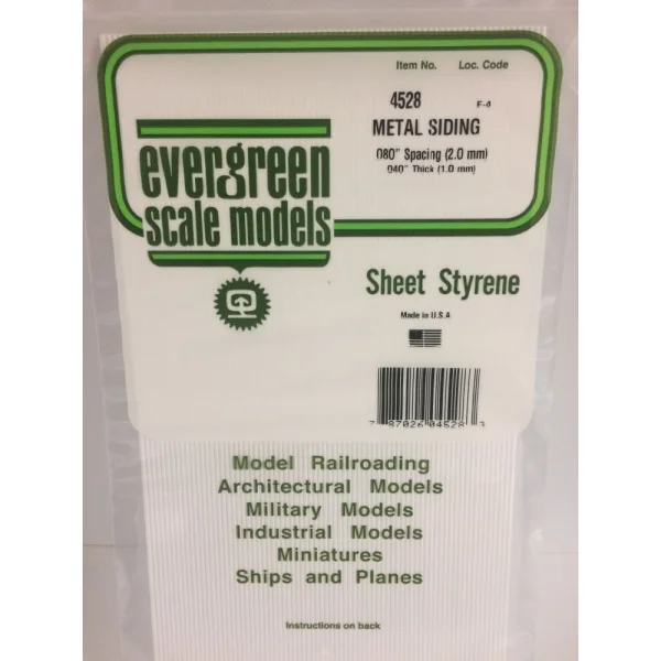 Evergreen 6x12in (15x30cm) Corrugated Metal Siding Sheet .040in (1.0mm) Sheet .080in Groove Spacing (1 sheet per pack)