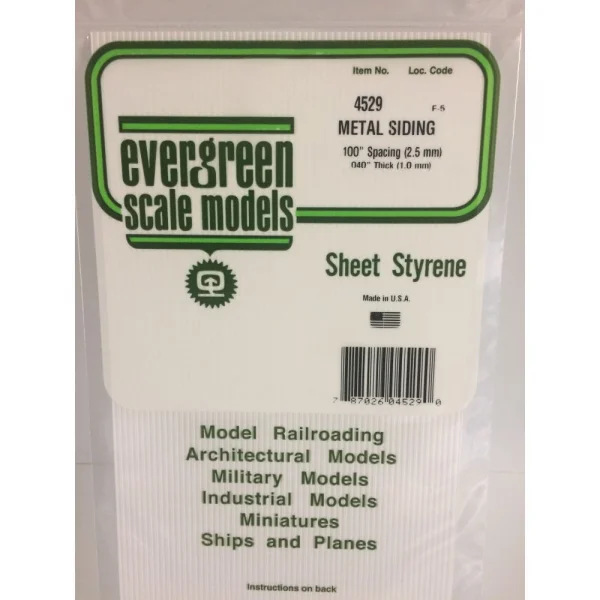 Evergreen 6x12in (15x30cm) Corrugated Metal Siding Sheet .040in (1.0mm) Sheet .100in Groove Spacing (1 sheet per pack)
