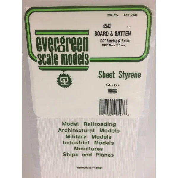 Evergreen 6x12in (15x30cm) Board & Batten Sheet .040in (1.0mm) Thick .100in Spacing (1 Sheet per pack)
