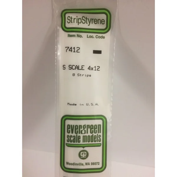 Evergreen [6-7412] 14 S-Scale Strip (4 x 12) .062 X .188 (100 per pack)