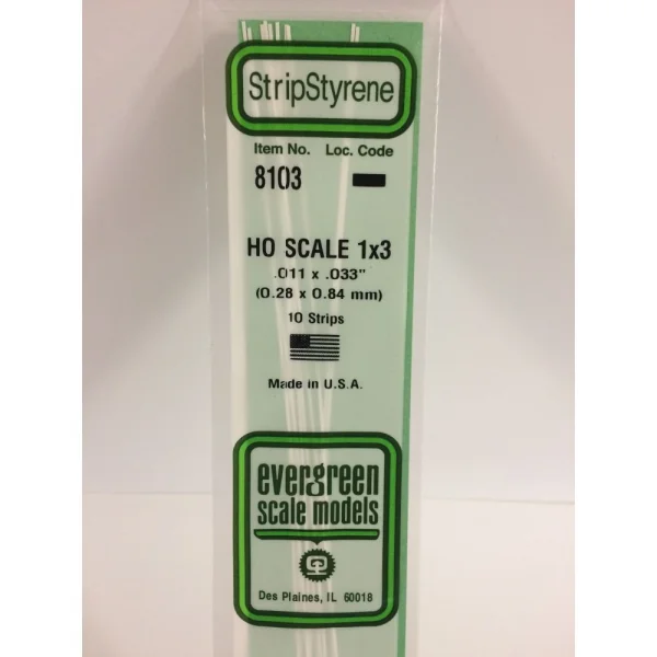 Evergreen [6-8103] 14 HO-Scale Strip (1 x 3) .011 x .033 (100 per pack)