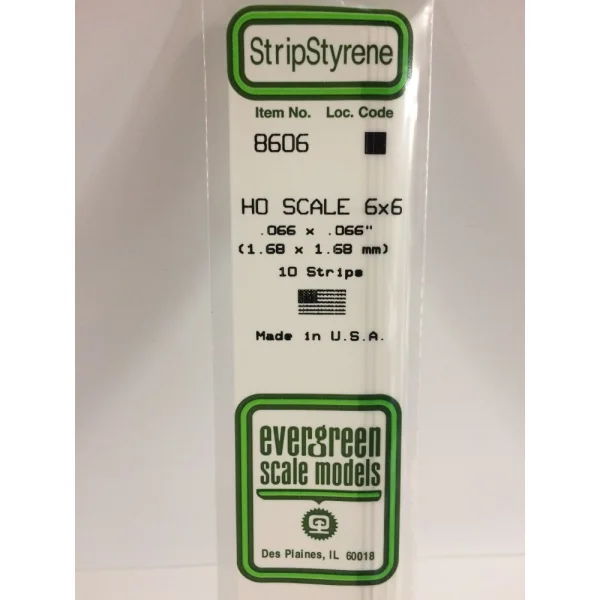 Evergreen 14in (35cm) HO-Scale Strip .066x.066in (6x6) (10 per pack)