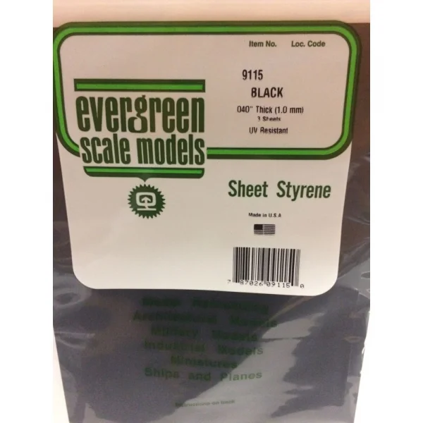 Evergreen [9115] 8 x 21 Black Sheet .040 Thick (3 sheets per pack)
