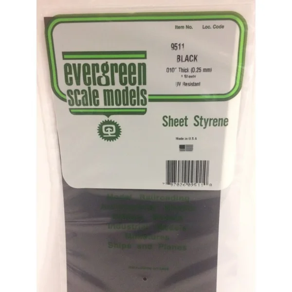 Evergreen 6x12in (15x30cm) Black Sheet .010in Thick (4 Sheet per pack)