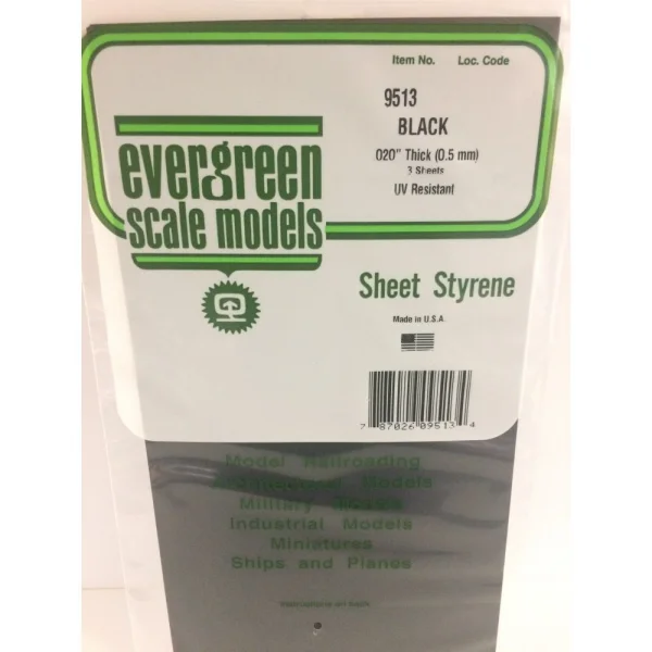 Evergreen [9513] 6 x 12 Black Sheet .020 Thick (3 sheets per pack)
