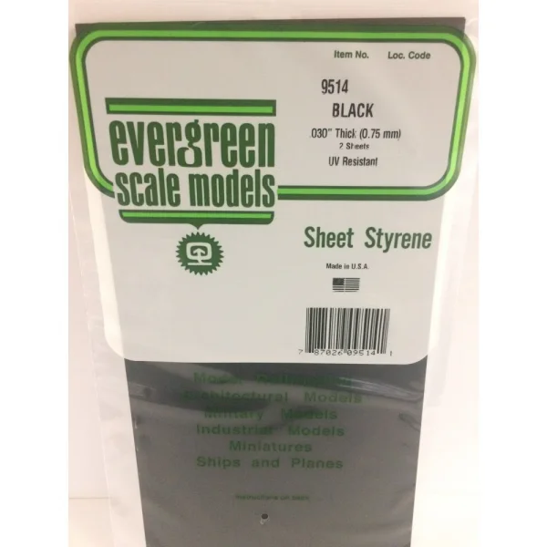 Evergreen [9514] 6 x 12 Black Sheet .030 Thick (2 sheets per pack)