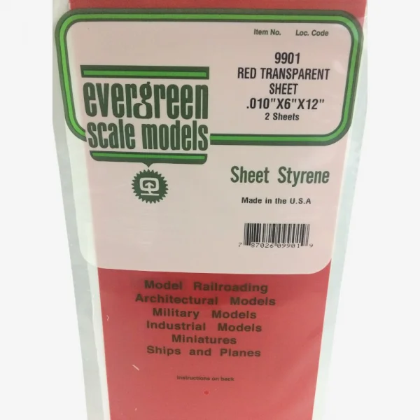 Evergreen [9901] 6 x 12 Transparent Coloured Sheet .010 Thick RED (2 sheets per pack)