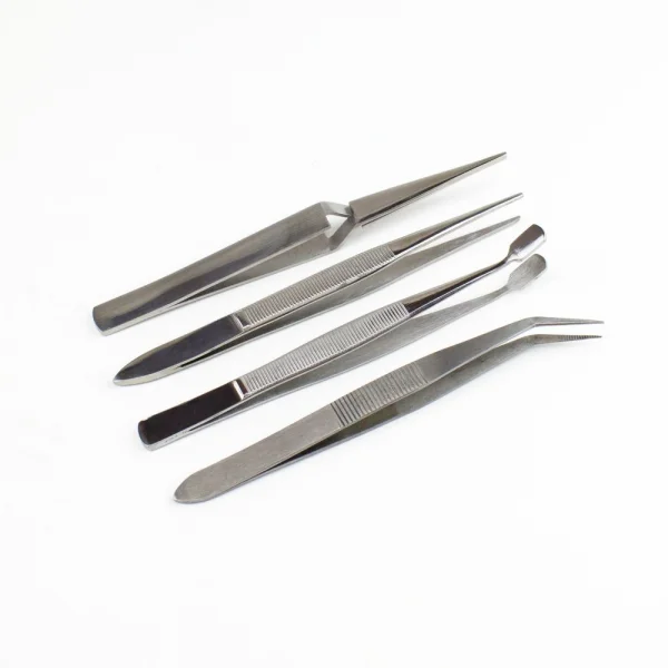 Excel 4 Piece Stainless Steel Tweezer Set with Pointed, Self Closing, Stamp, Curved (4) (Pouch)