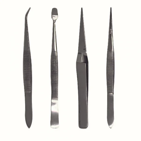 Excel 4 Piece Stainless Steel Tweezer Set with Pointed, Self Closing, Stamp, Curved (4) (Pouch)