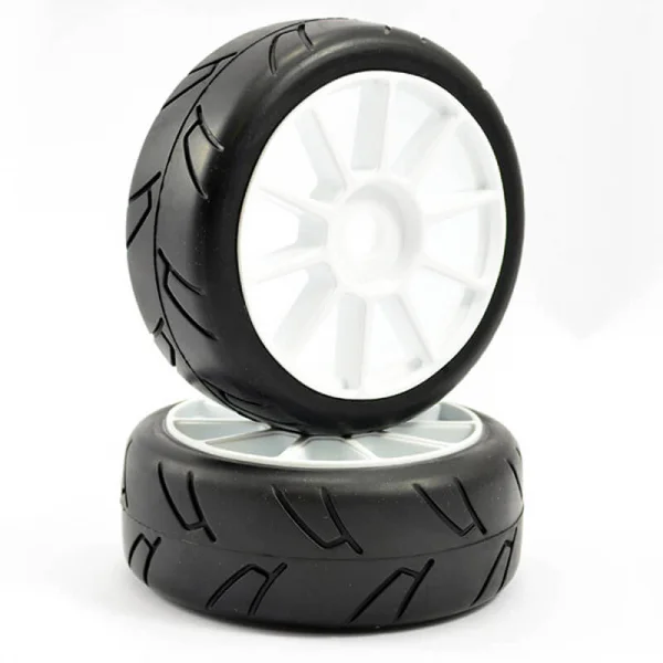 Fastrax 1:8 Buggy Cut Slick Tyres Mounted on White Split Spoke Wheels (2)