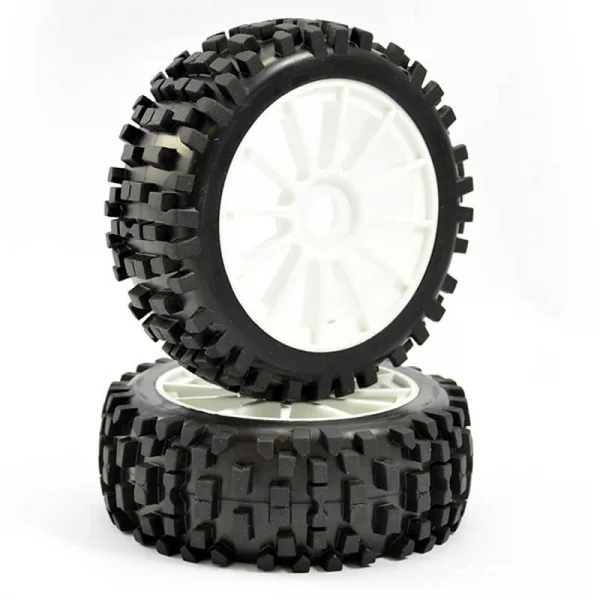 Fastrax Rock Block 1:8 Buggy Tyres Pre Mounted on White 12 Spoke Wheels (2)