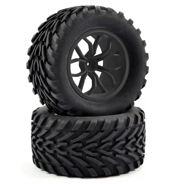 Fastrax 1:10 Mega-V Truck Tyres Mounted On 12 Spoke Black 12mm Hex Wheels (2)