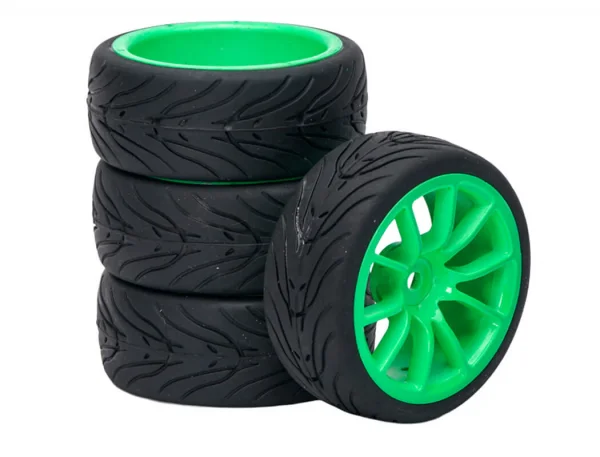 Fastrax 1:10 Street Treaded Tyres on 10 Spoke Neon Green Wheels (4)