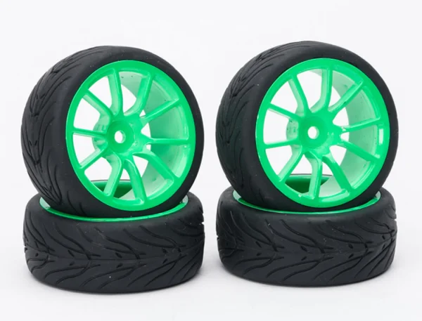 Fastrax 1:10 Street Treaded Tyres on 10 Spoke Neon Green Wheels (4)