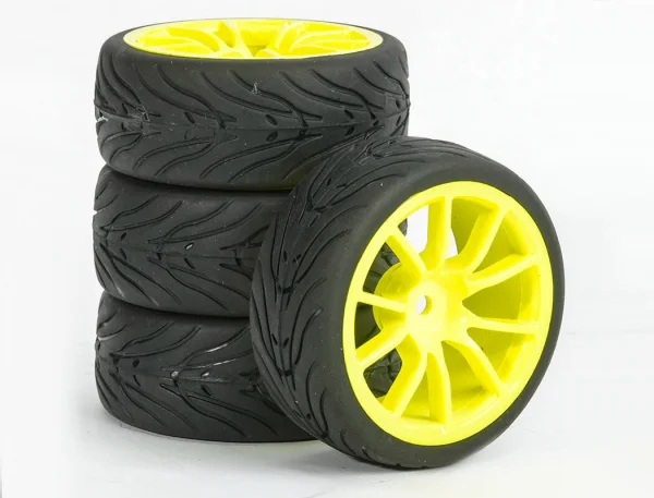 Fastrax 1:10 Street Treaded Tyres on 10 Spoke Neon Yellow Wheels (4)