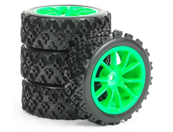 Fastrax 1:10 Rally Tyres on 10 Spoke Green Wheels (4) — image 5 of 5