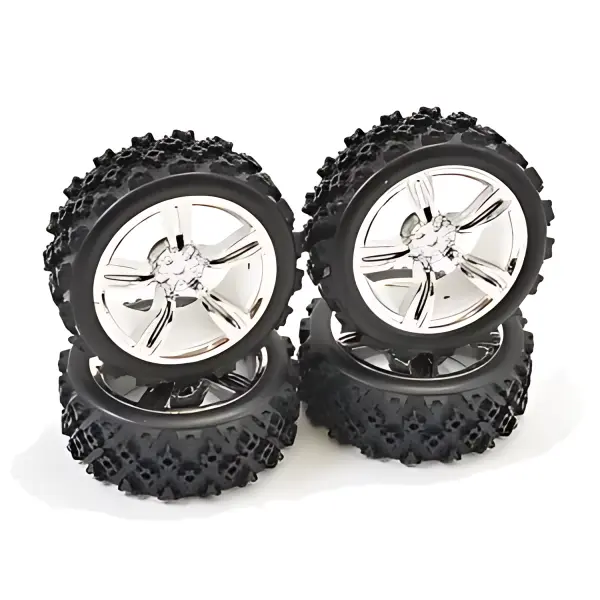 Rally Block Tyres Pre Glued on 1:10 Touring Car Chrome Wheels (4) — image 1 of 3