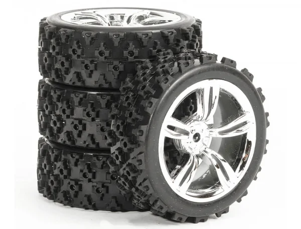 Rally Block Tyres Pre Glued on 1:10 Touring Car Chrome Wheels (4) — image 3 of 3