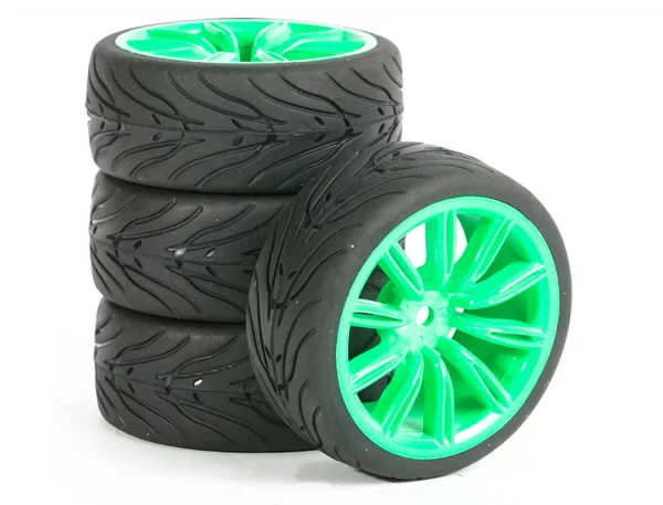 Fastrax 1:10 Street Treaded Tyres on 20 Spoke Neon Green Wheels (4)